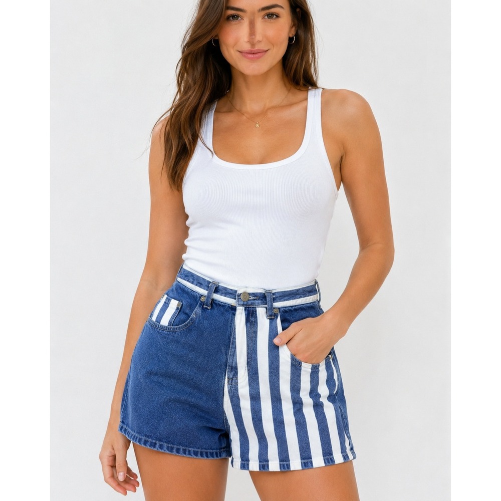 Vintage Carolina Blues Striped Denim Shorts Womens 11/12 Blue White High Rise